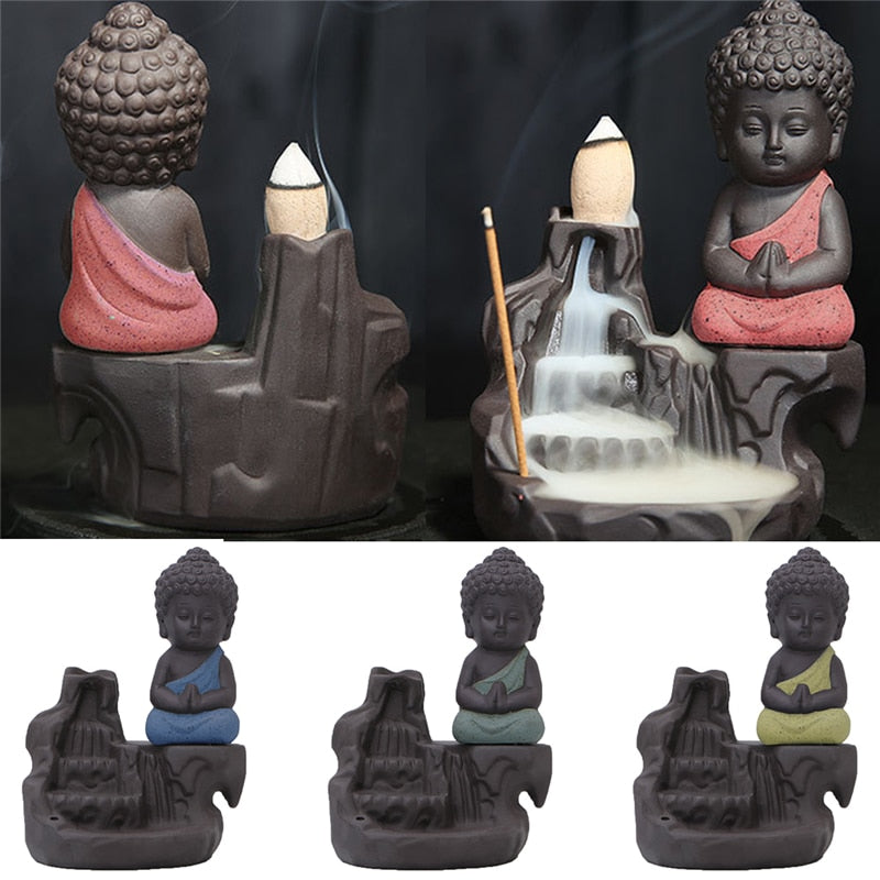 Queimador de incenso de refluxo de cerâmica monge, decoração de casa.