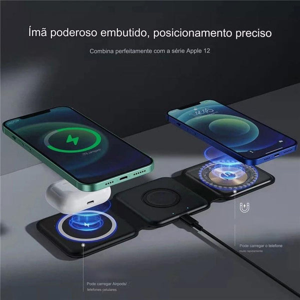 Carregador Magnético 3 em 1 Portátil Para iPhone, Apple Watch e Airpods.