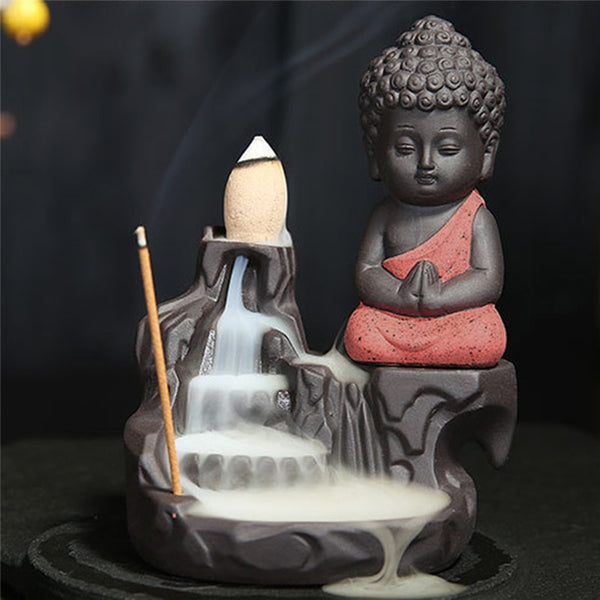 Queimador de incenso de refluxo de cerâmica monge, decoração de casa.